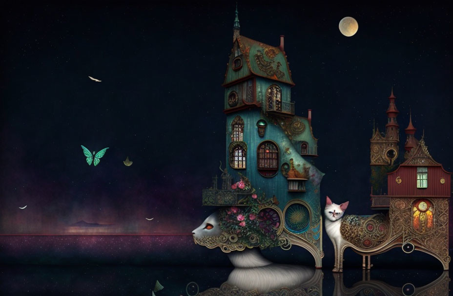 Fantastical scene: Mechanical fish & cat carry ornate houses under starry night sky