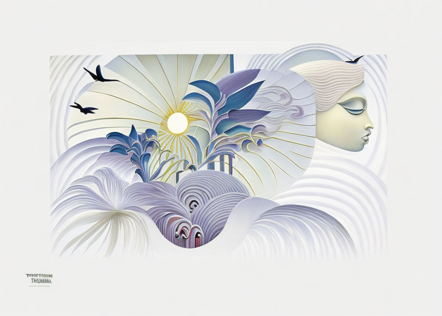 Stylized woman's face merges with abstract landscape, waves, birds, sun