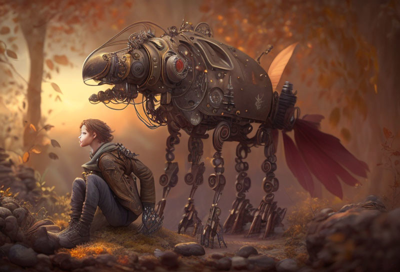 Person sitting in autumn forest faces intricate mechanical creature