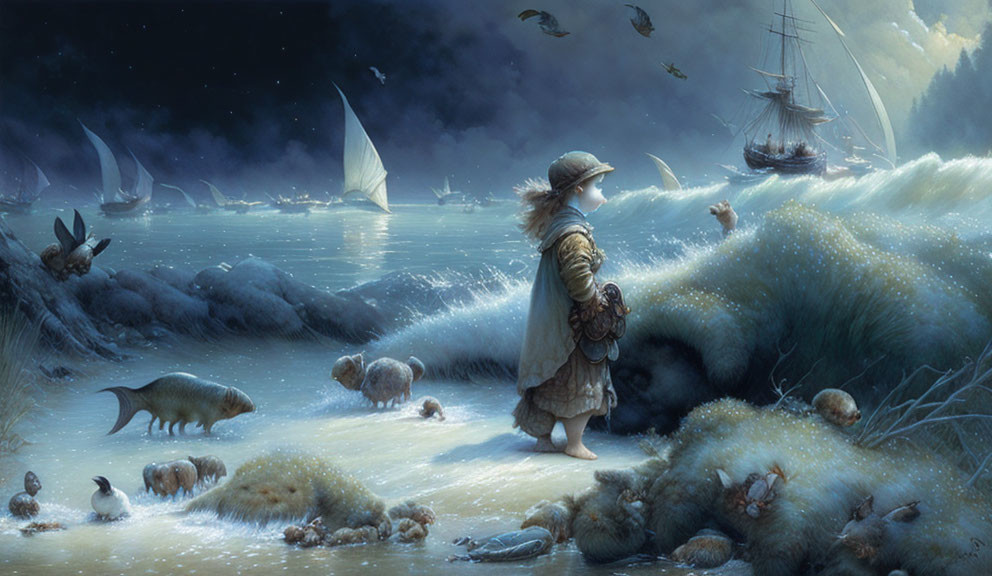 Child by the sea with fantastical creatures, ships, and twilight sky