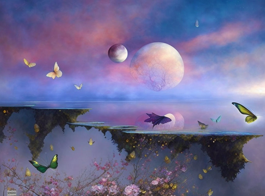 Fantastical landscape with floating islands and celestial bodies