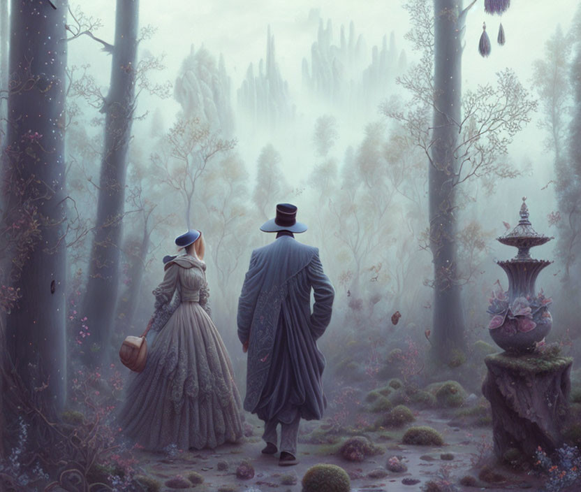 Victorian couple in foggy forest with fountain and castle silhouette