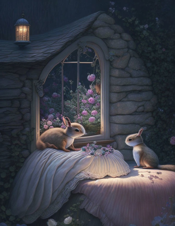 Rabbits on cushion and window sill under starry sky with lantern and flowers