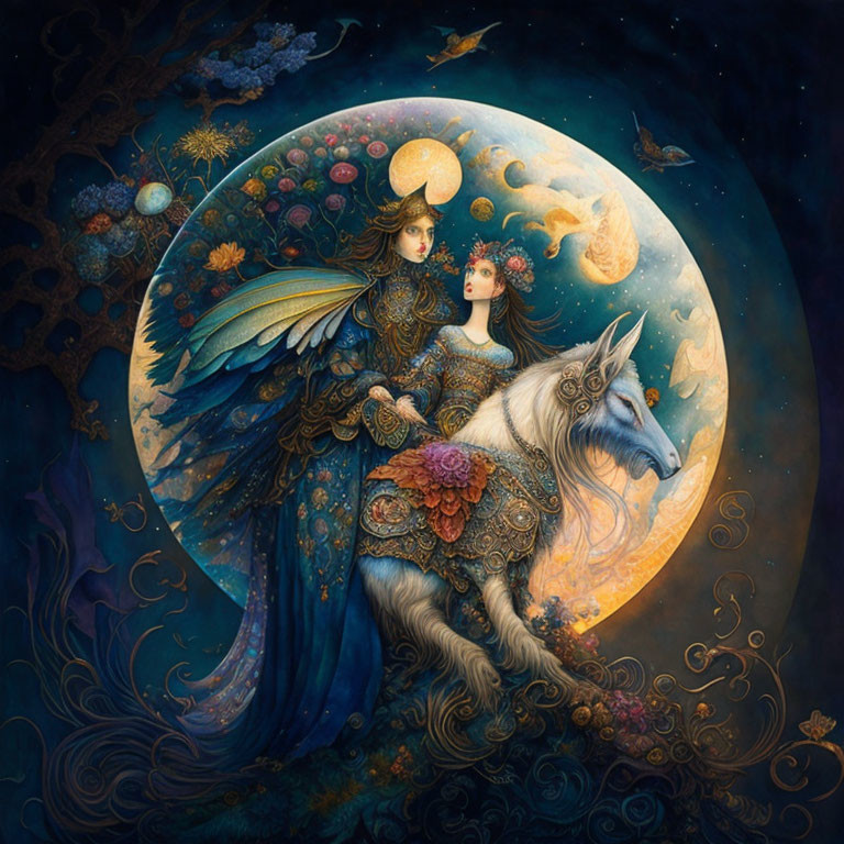 Illustration of ethereal being on unicorn in celestial setting