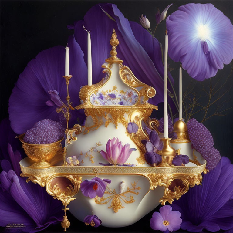 Purple Flowers and Gold Tableware Still Life on Dark Background