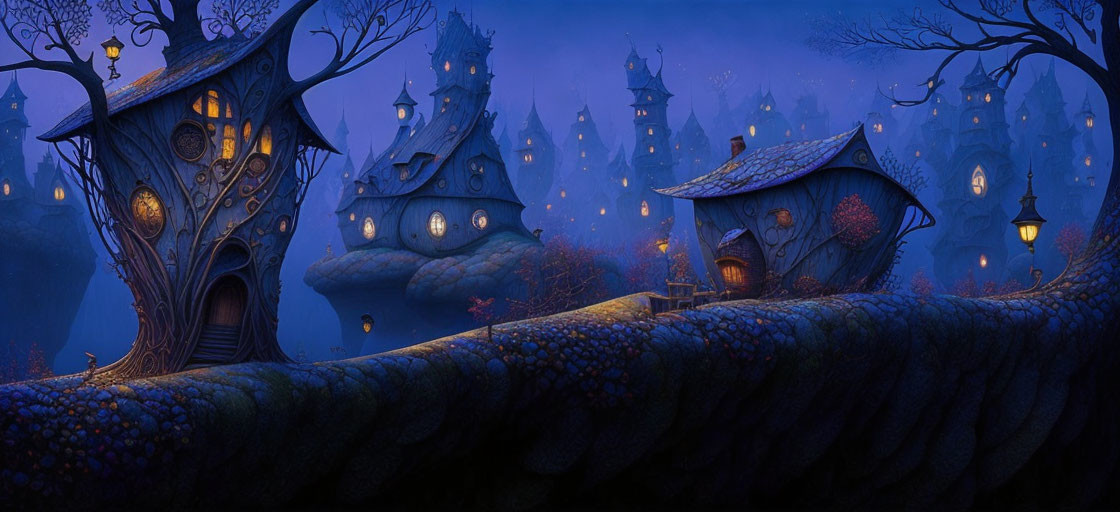 Whimsical glowing houses in a nighttime forest landscape