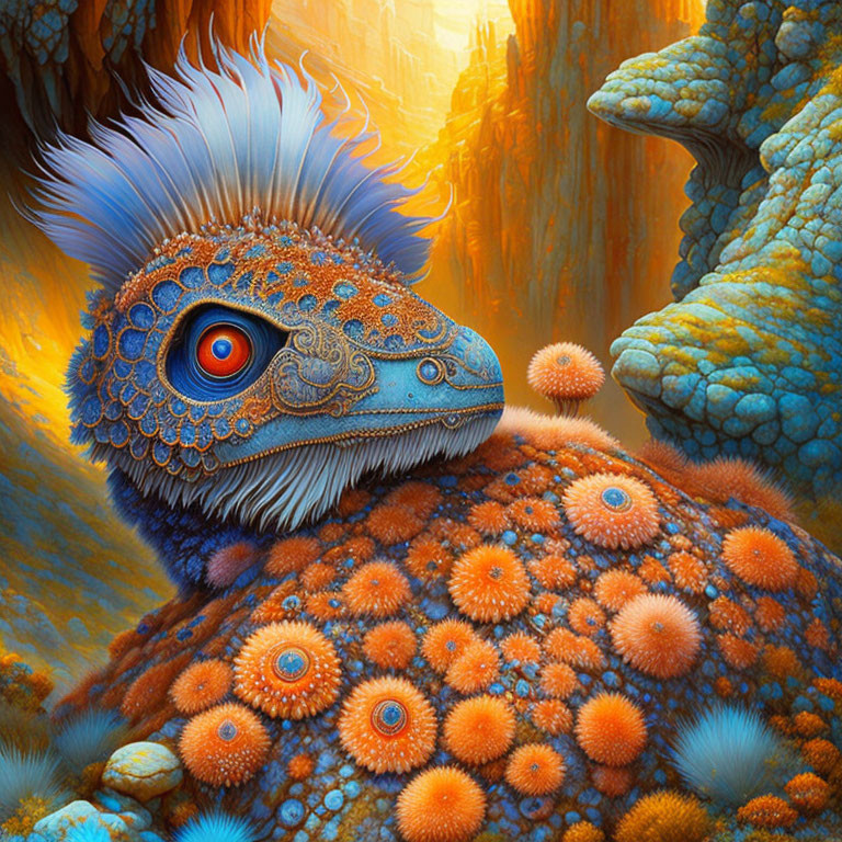 Colorful illustration of fantastical creature with peacock-like head and orange body.