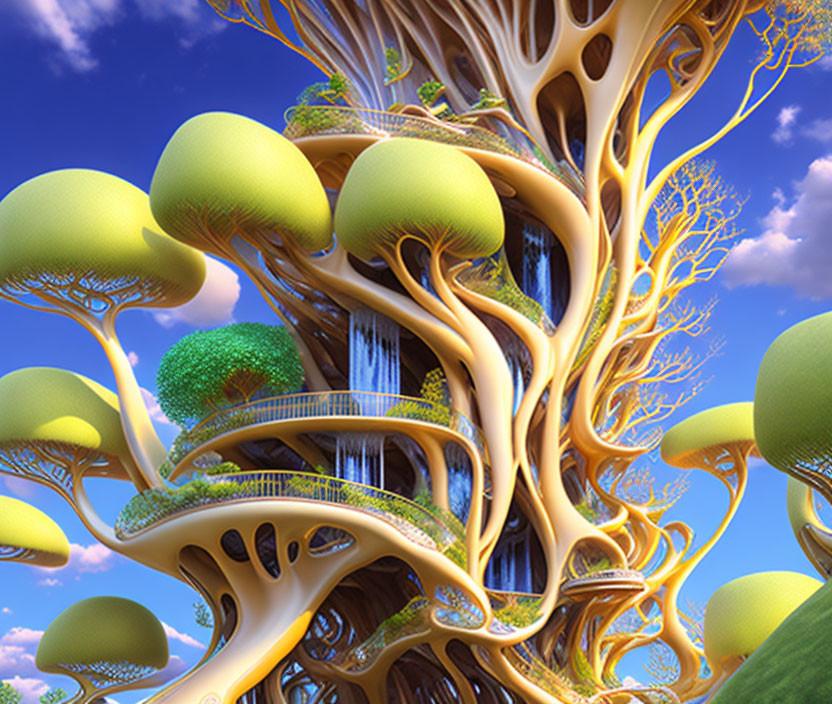 Intricate tree-like structure with foliage spheres against blue sky