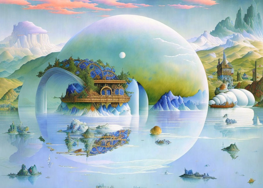 Fantastical landscape with oversized iridescent bubble mountains and reflective water surface.