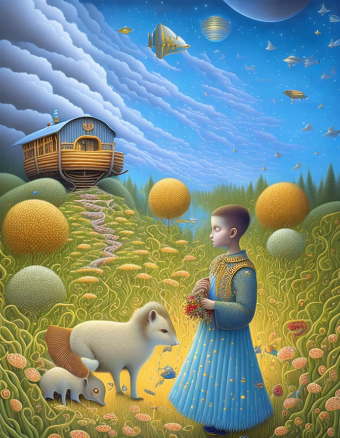 Surreal landscape with boy, dog, house, orbs, and airships