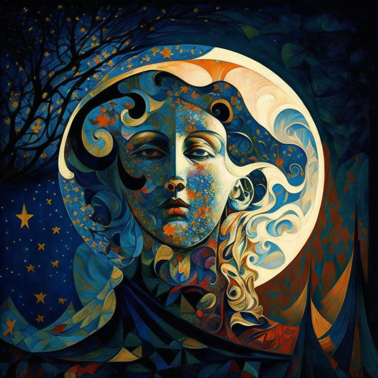 Colorful Artwork: Stylized Female Face Among Stars and Trees