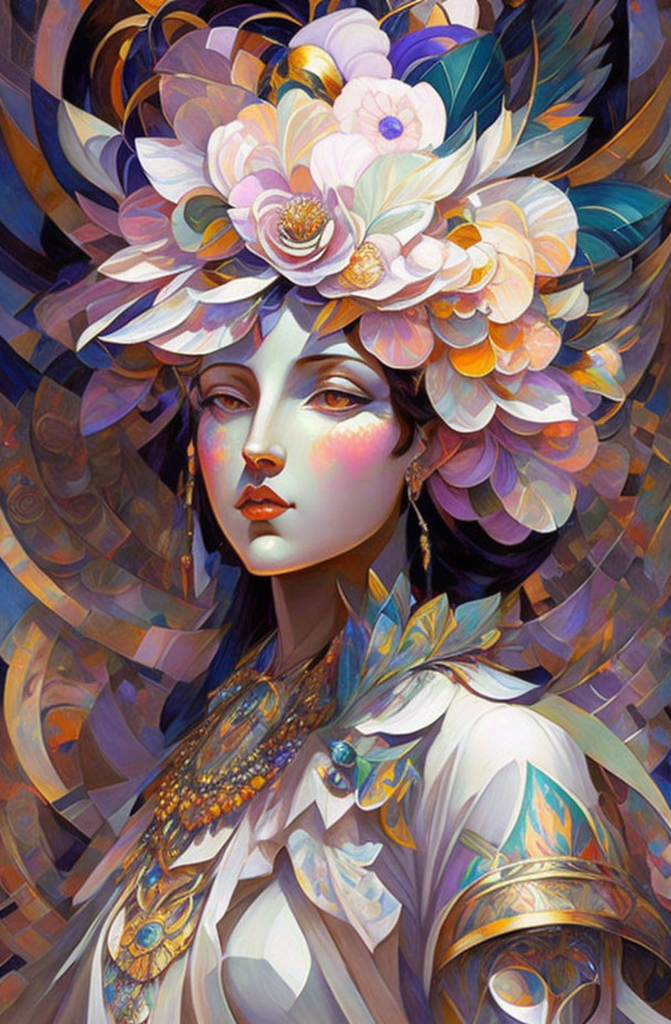 Colorful portrait of woman with floral headdress and intricate patterns