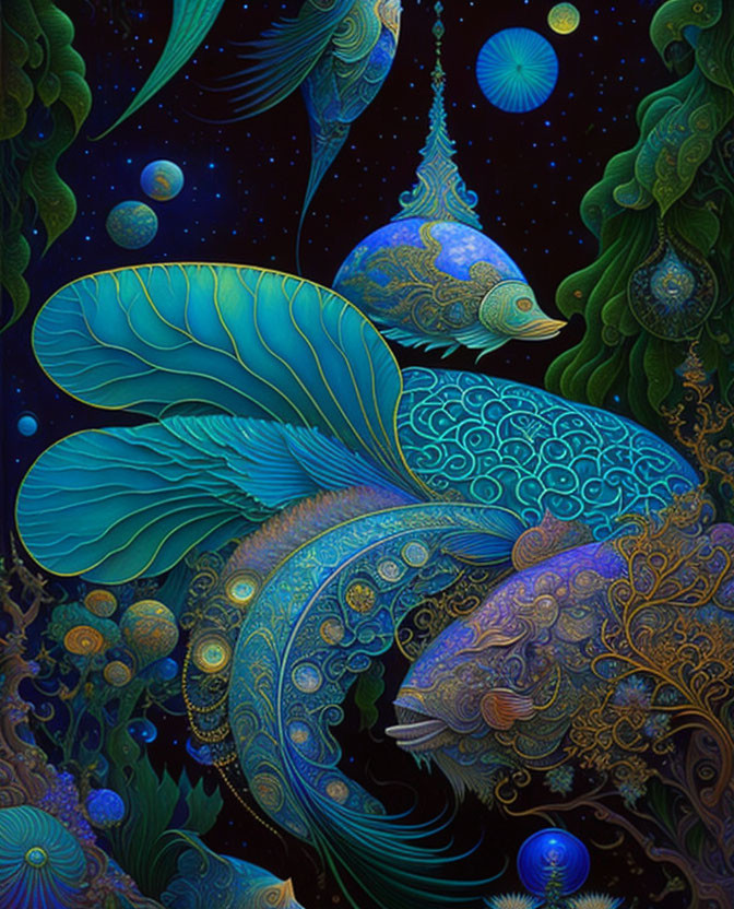 Colorful painting of ornate fish-like creatures in a starry underwater dreamscape