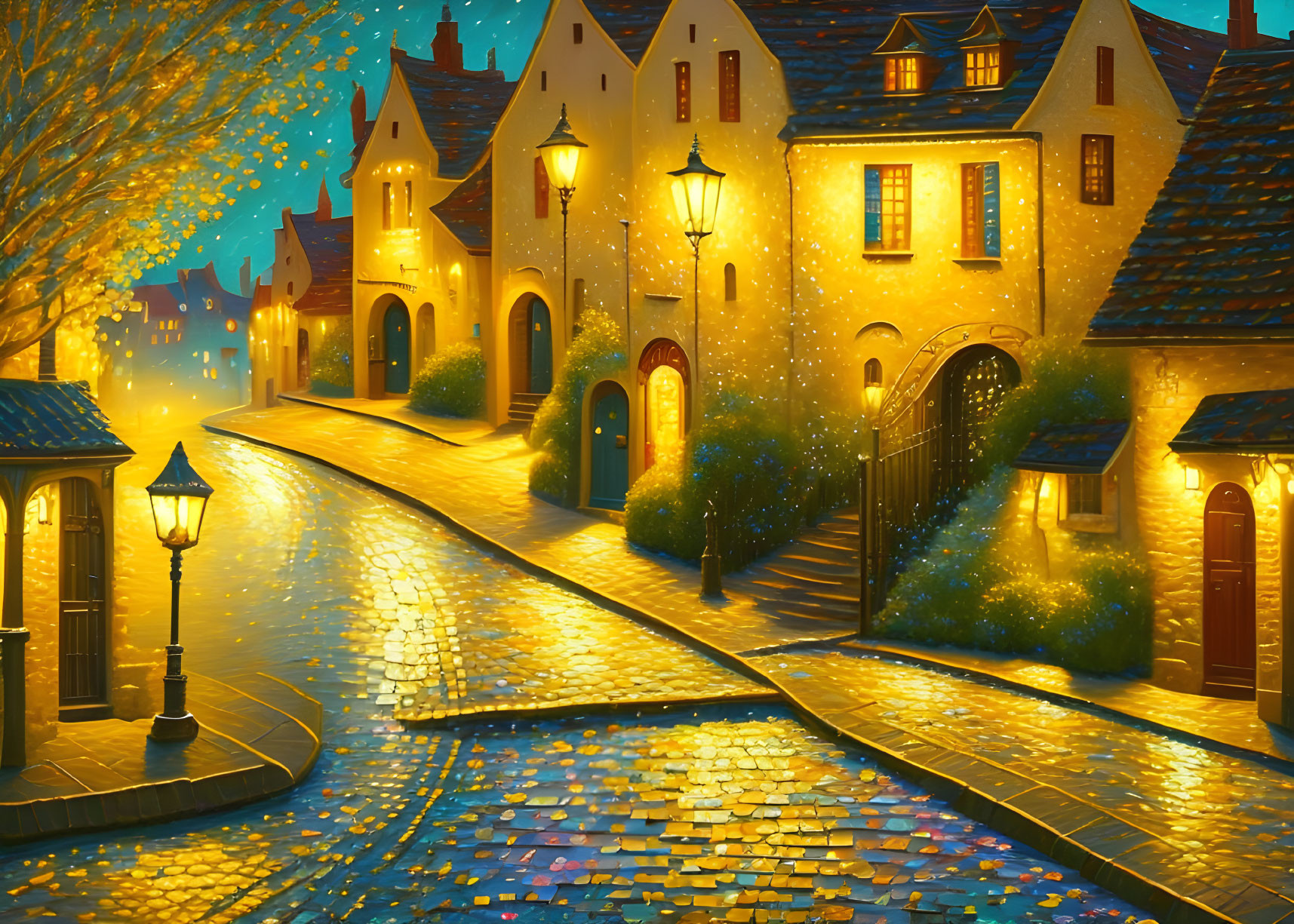 Cobblestone street at dusk with glowing street lamps and golden-hued houses