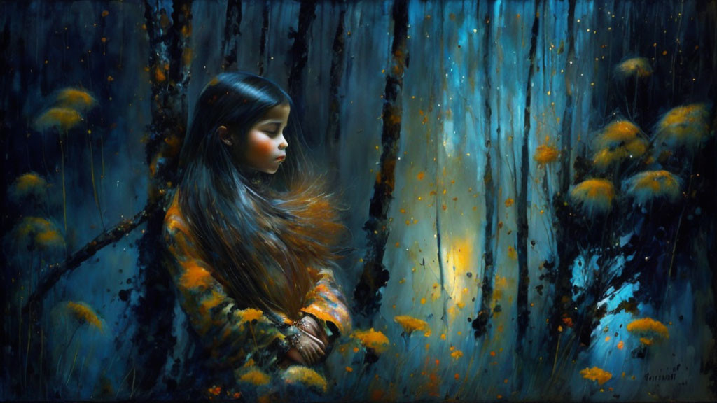 Young girl in golden jacket amid mystical blue forest with yellow flowers