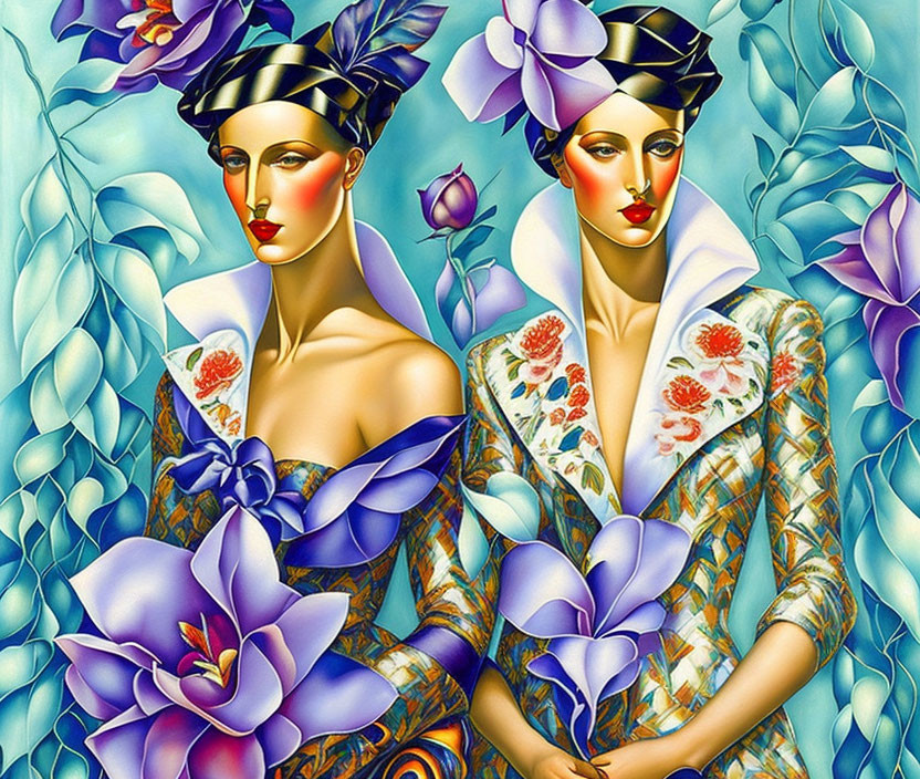 Stylized women in floral attire with headpieces among large blue flowers