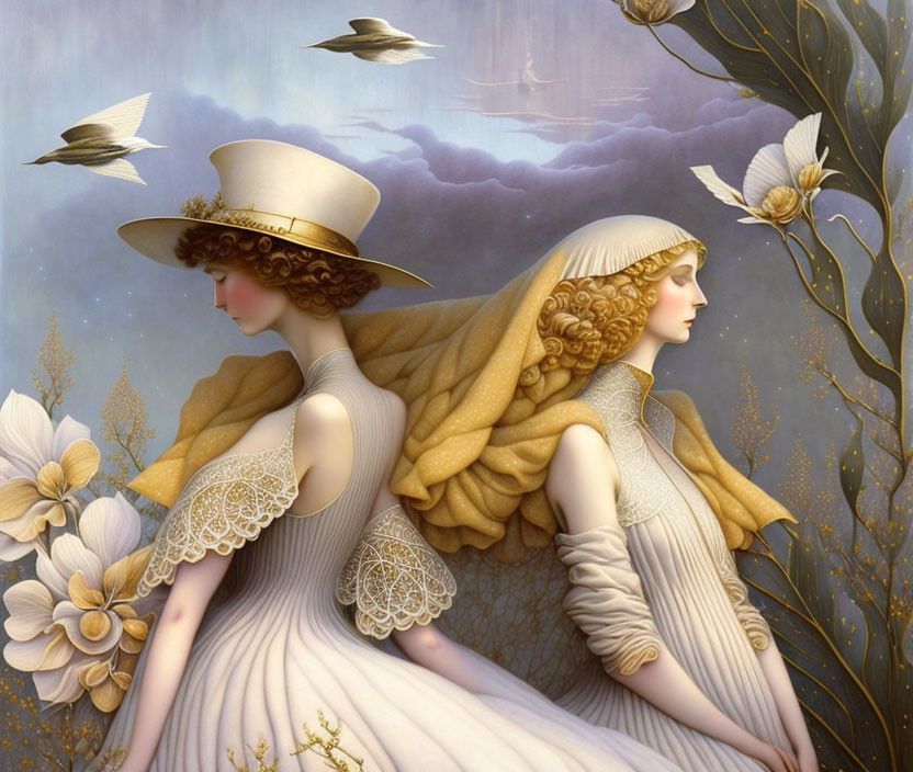 Vintage Women in Wide-Brimmed Hats Among Gold Flora and Birds