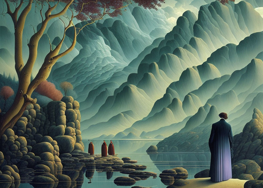 Cloaked figure by serene lake with monks and misty mountains at twilight