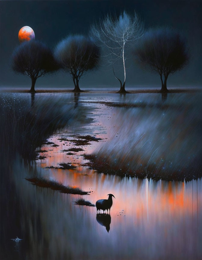 Twilight scene with silhouetted trees, moon, and bird by water