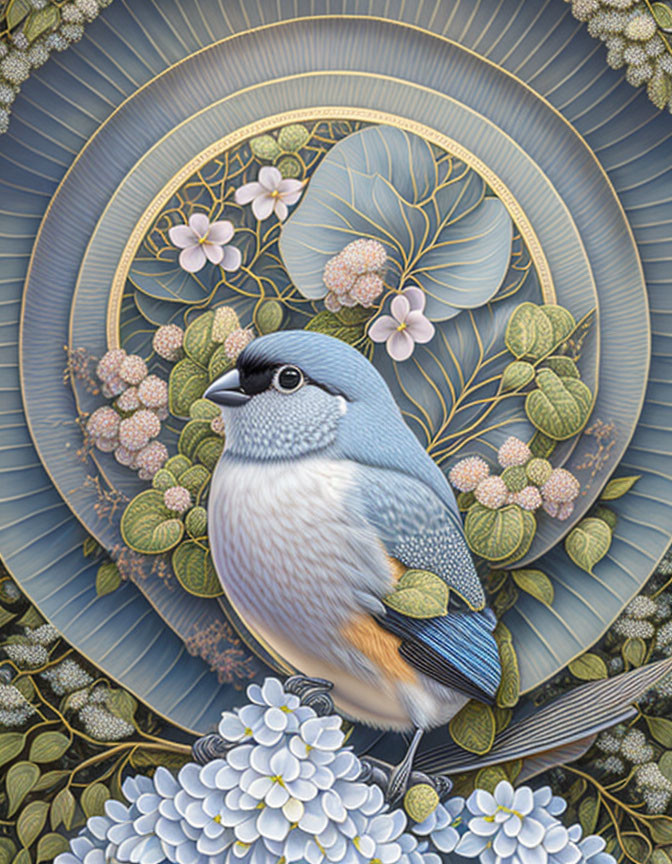 Illustrated bird among flowers and leaves on circular pastel background