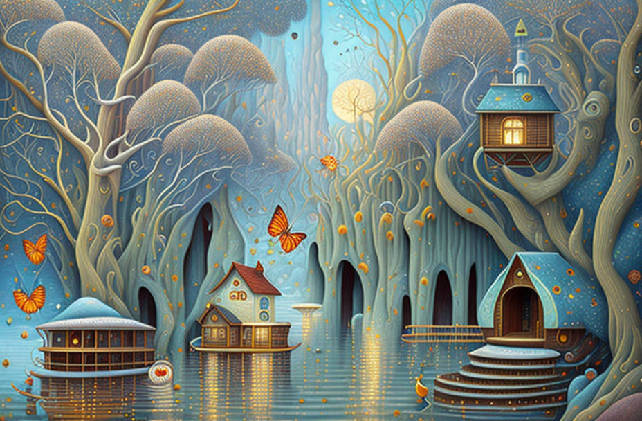 Whimsical forest illustration with stylized trees, houses, lake, butterflies, and glowing moon.