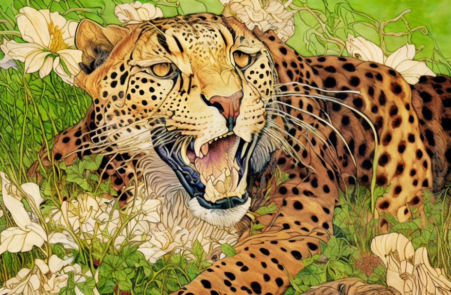 Roaring jaguar illustration with vibrant floral backdrop