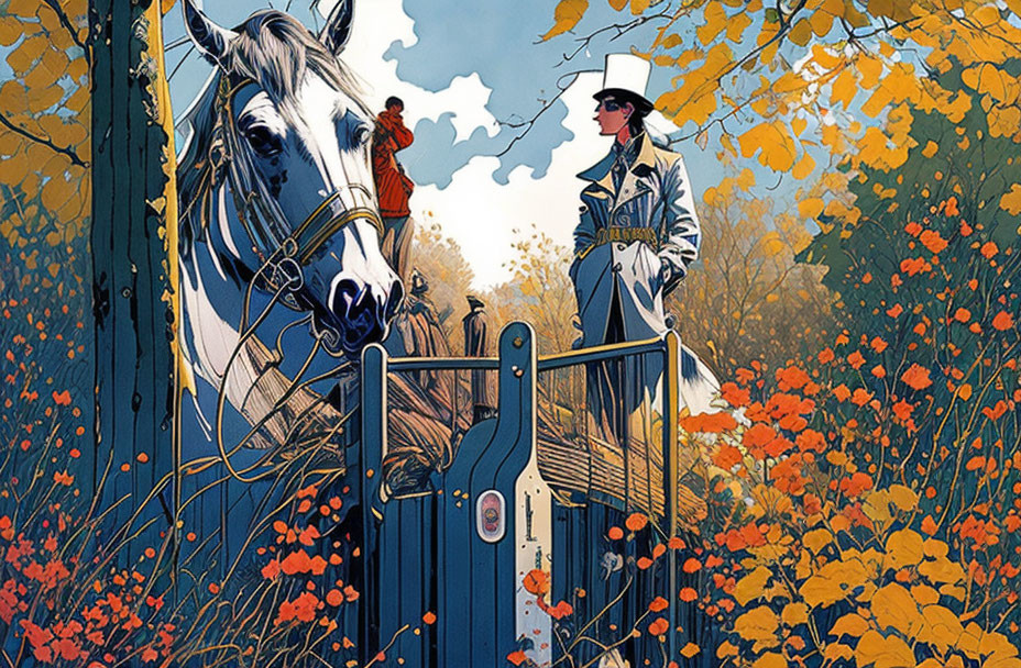 Illustration of person on horseback and figure by gate in autumn setting