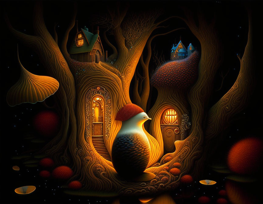 Whimsical tree illustration with glowing windows and bird-shaped house