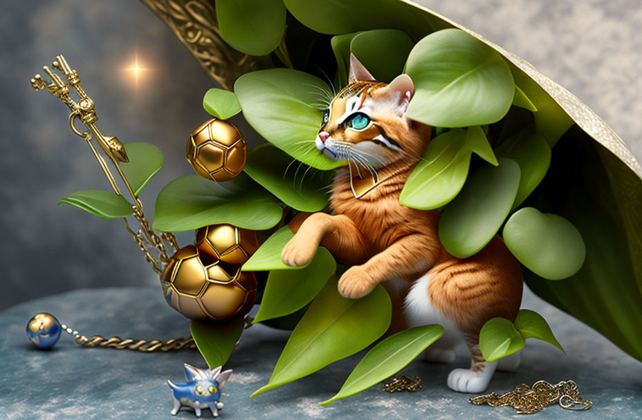 Ginger Cat with Blue Eyes Surrounded by Green Leaves and Whimsical Objects