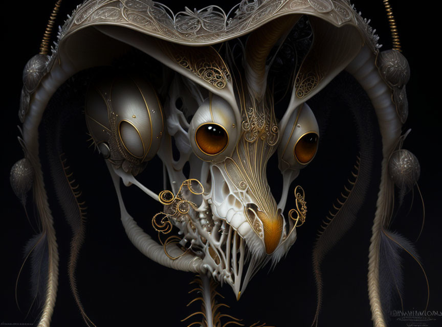 Fantastical creature digital artwork with golden eyes and ornate metal details