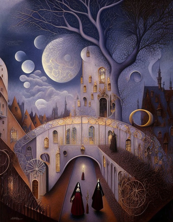 Gothic castle painting with moons, tree, and cloaked figures