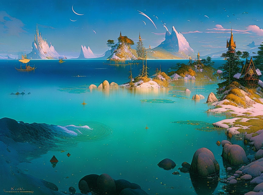 Fantasy seascape with castle, boats, ice formations, and multiple moons