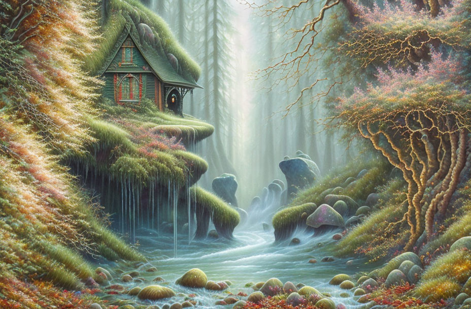 Enchanting forest scene with cozy cottage, waterfall, and mystical light