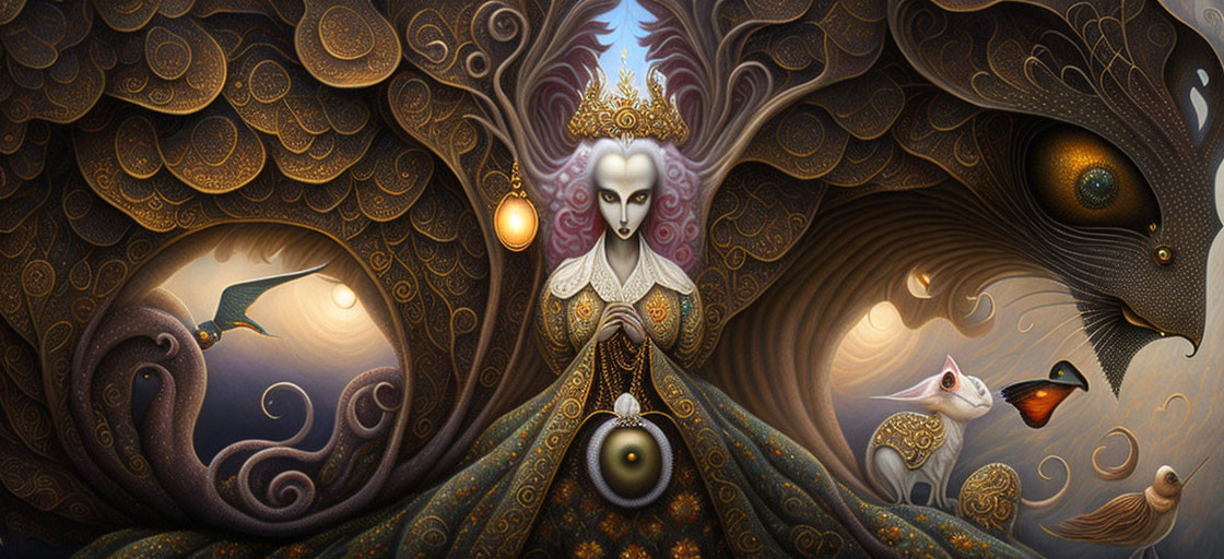 Surreal painting of ornate figure with crown in mystical scene