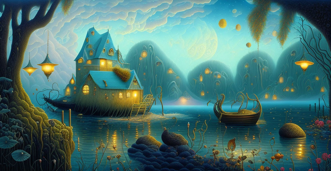 Glowing lakeside night scene with house, boat, plants, fish, hills, starry