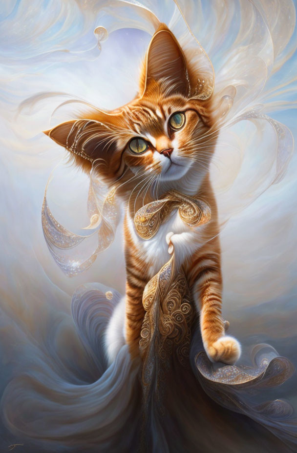 Fluffy orange and white cat with green eyes in elegant swirls and golden filigree