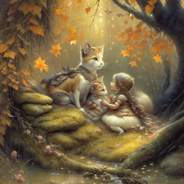 Illustration of girl and giant fox in enchanted autumn forest