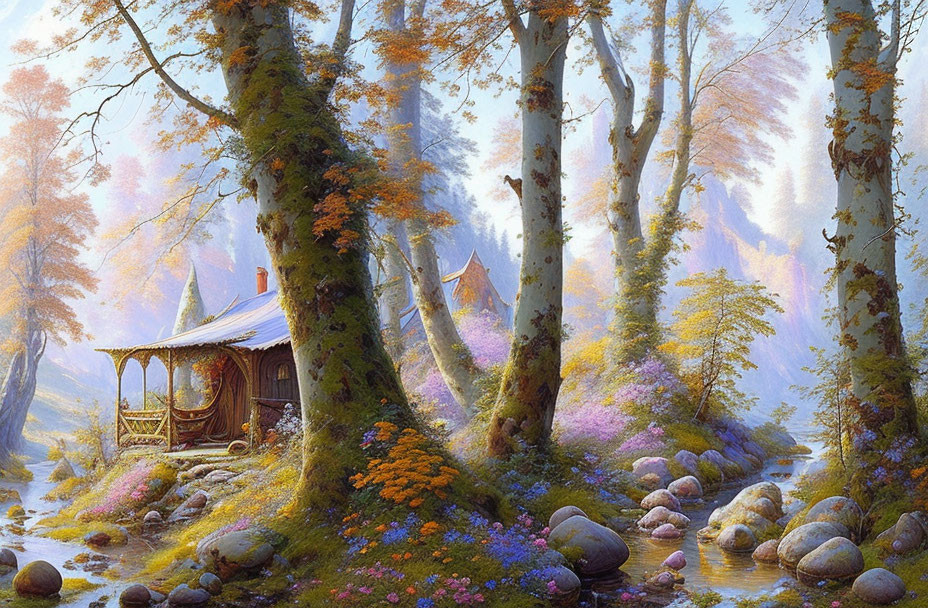 Tranquil forest scene with cozy cabin, colorful trees, sunlight, stream, rocks, and wild