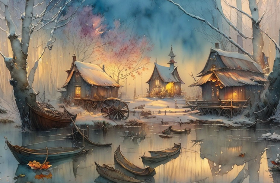 Tranquil winter village with glowing lights and snowfall