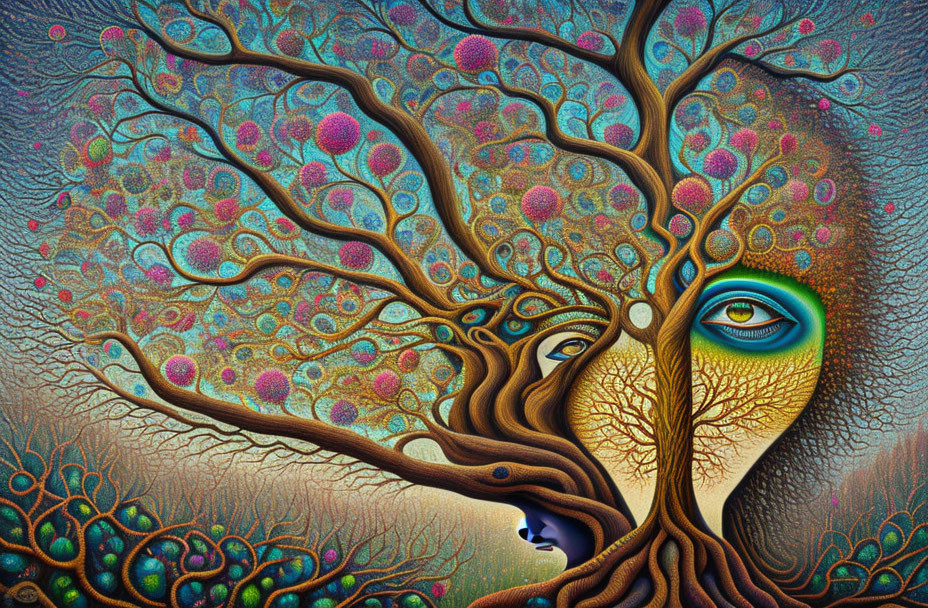 Colorful Textured Artwork: Tree with Human Features and Eye