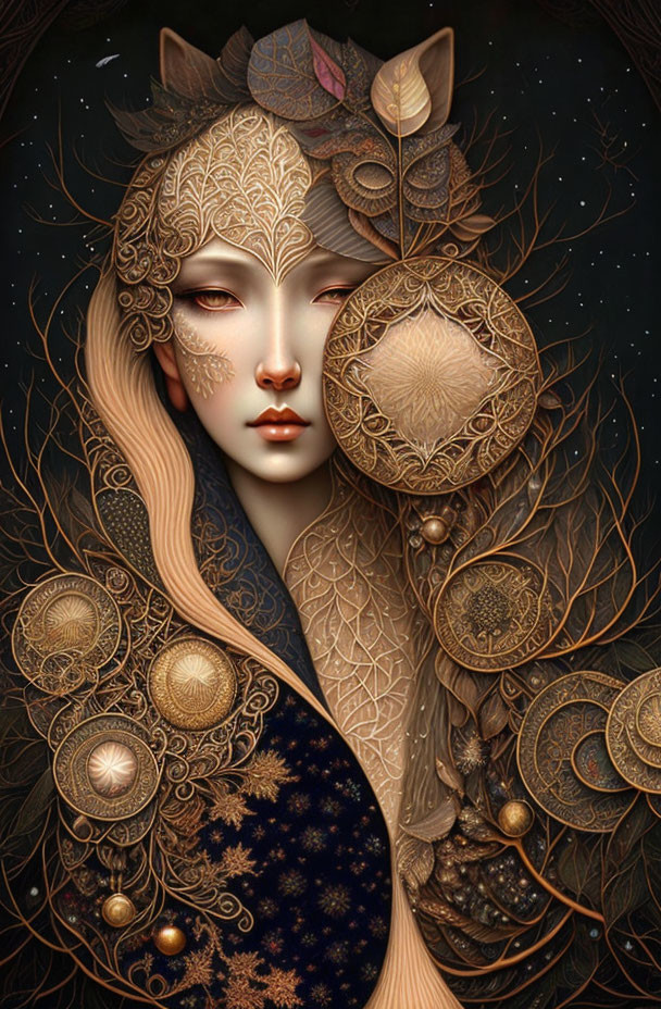 Detailed illustration of person with decorative mask adorned with golden and bronze accents against starry background