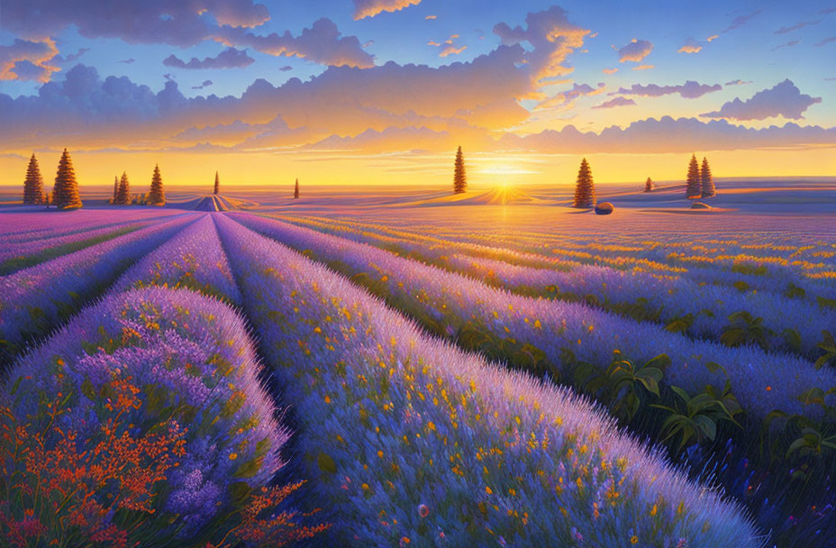 Lavender Field Sunset Scene with Colorful Sky