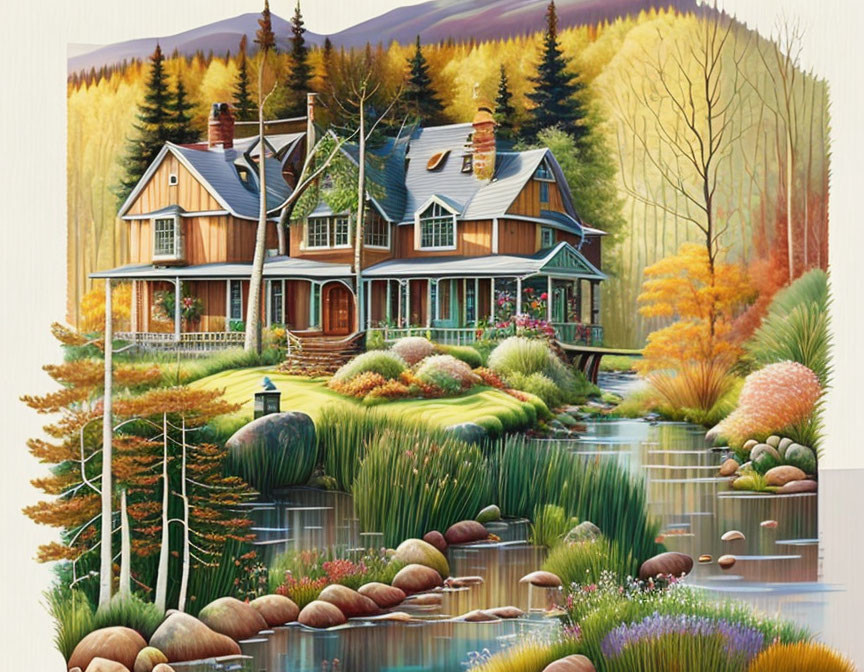 Tranquil autumn landscape with cozy house and colorful trees