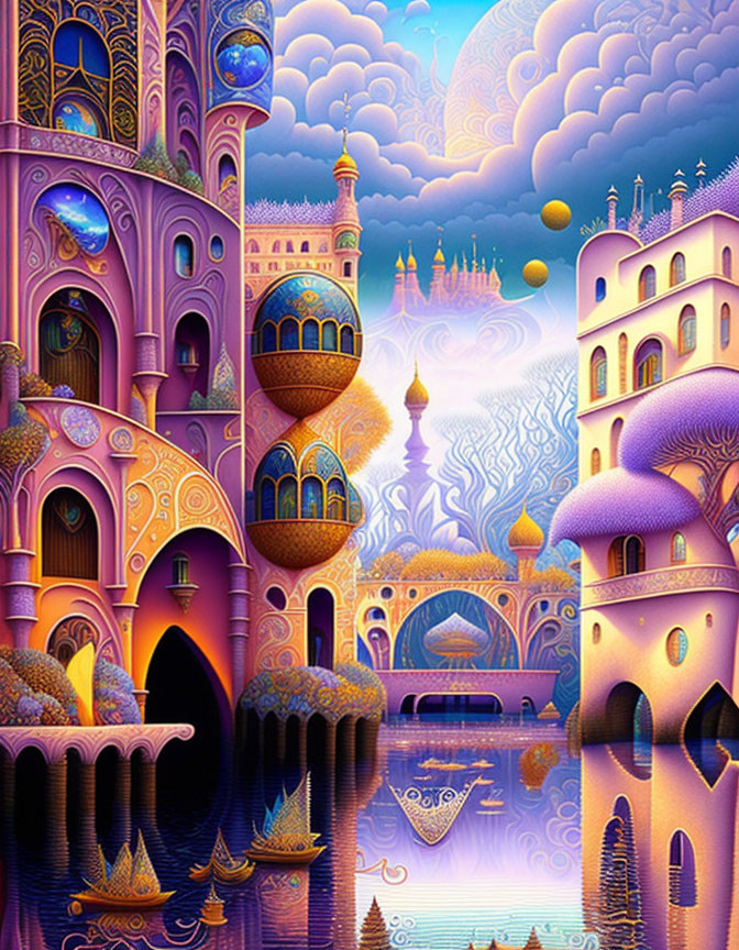 Whimsical purple and pink fantasy landscape with domes and arches