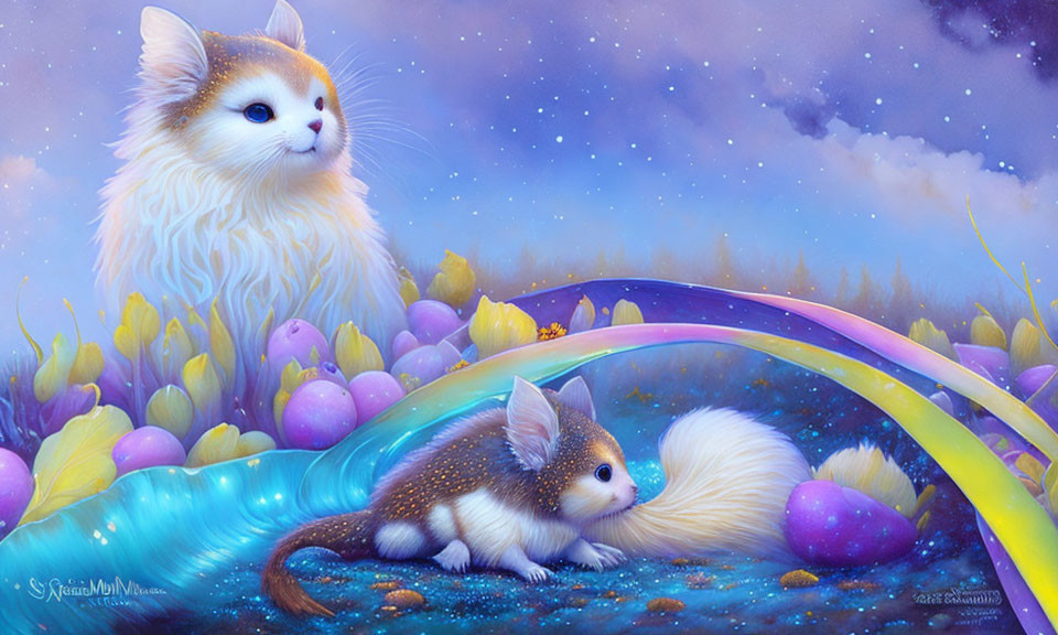 Fluffy white kitten and mouse in fantasy landscape with rainbow and stars