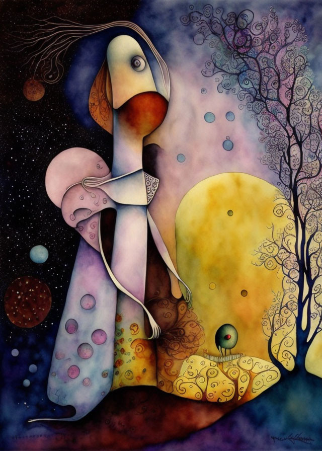 Colorful abstract art: humanoid figure with elongated neck in dreamlike setting