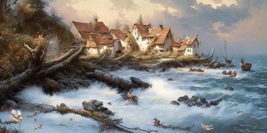 Coastal village painting with thatched-roof houses, sailing boat, seagulls, and