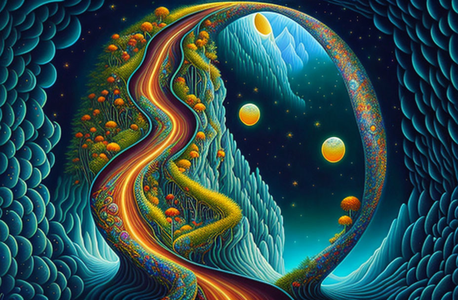 Colorful Psychedelic Landscape with Winding Path & Celestial Bodies