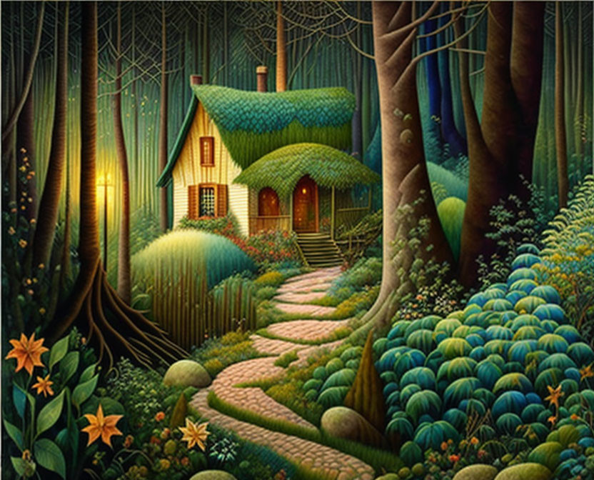 Enchanting forest cottage painting with vibrant flora