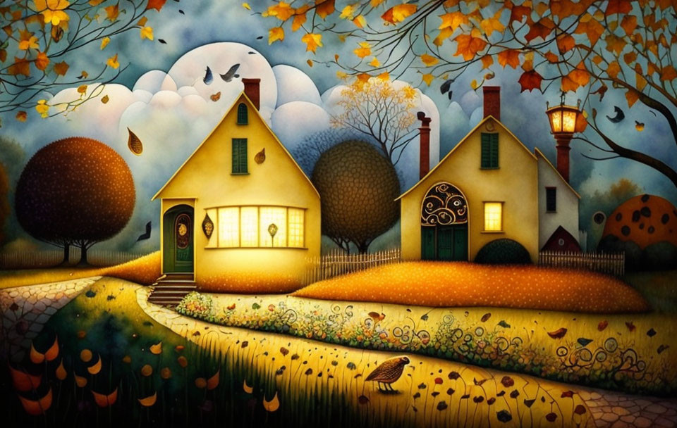 Whimsical houses with glowing windows in autumn scene